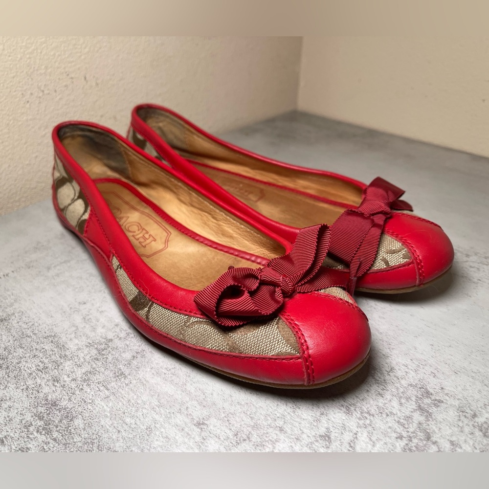 Coach Red and Tan Flats with Bow Detail